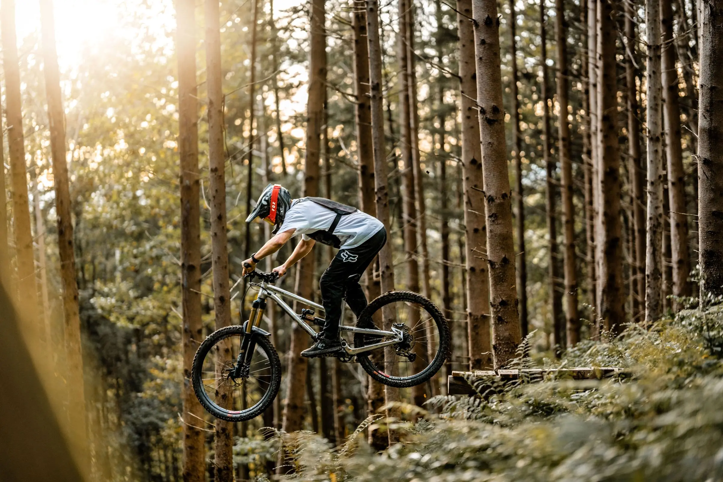 Extreme Sport Szene Kicker im Wald bei Sonnenuntergang Mountainbiker springt - Radsportfotograf Kempten (Allgäu)